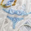Blue and White Porcelain Style Embroidered Mesh Lingerie Set Sheer Underwire Bra Thong Two-Piece