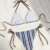 Blue Brown Stripe Halter Tie Side Bikini Set - Women’s Triangle Two-Piece Swimwear