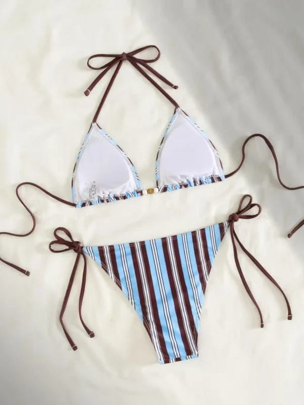 Blue Brown Stripe Halter Tie Side Bikini Set - Women’s Triangle Two-Piece Swimwear