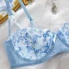 Blue and White Porcelain Style Embroidered Mesh Lingerie Set Sheer Underwire Bra Thong Two-Piece