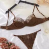 Chocolate Satin Lace Underwire Lingerie Set - Floral Lace Bra and Thong Set