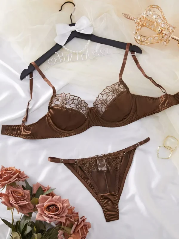 Chocolate Satin Lace Underwire Lingerie Set - Floral Lace Bra and Thong Set