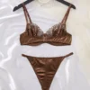 Chocolate Satin Lace Underwire Lingerie Set - Floral Lace Bra and Thong Set