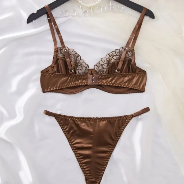 Chocolate Satin Lace Underwire Lingerie Set - Floral Lace Bra and Thong Set