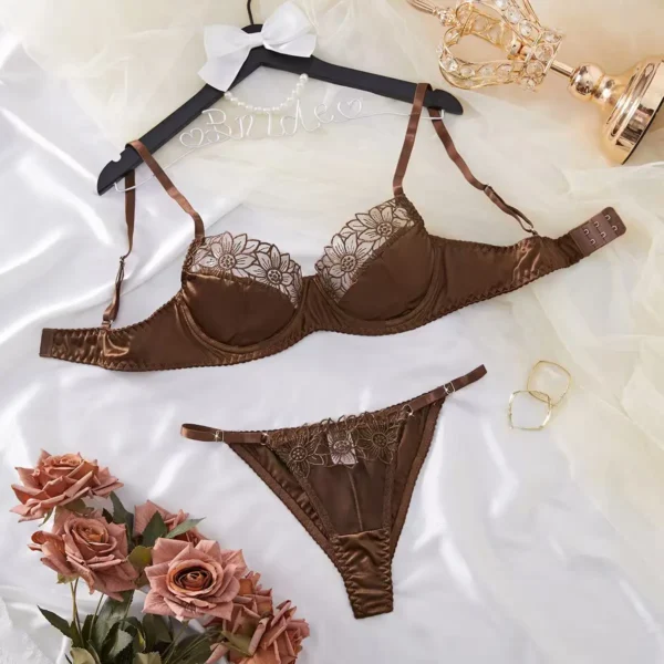 Chocolate Satin Lace Underwire Lingerie Set - Floral Lace Bra and Thong Set