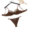 Chocolate Satin Lace Underwire Lingerie Set - Floral Lace Bra and Thong Set