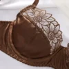 Chocolate Satin Lace Underwire Lingerie Set - Floral Lace Bra and Thong Set