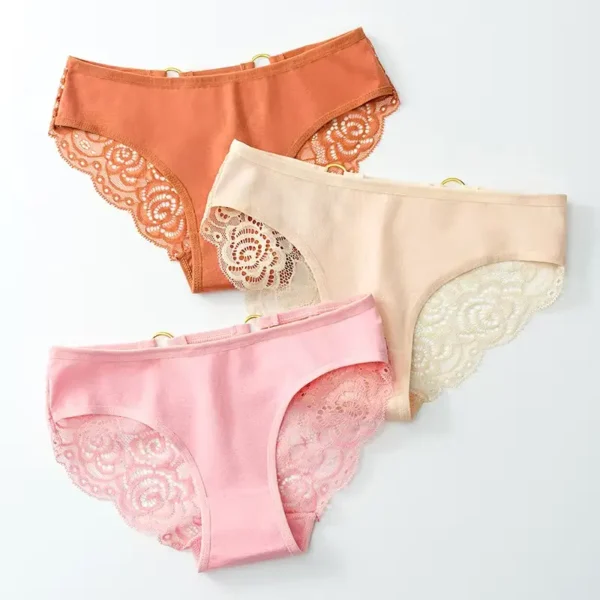 Lace Trim Cotton Thong Panties (Bronze/Pink/Beige-Single)