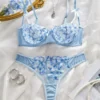 Blue and White Porcelain Style Embroidered Mesh Lingerie Set Sheer Underwire Bra Thong Two-Piece