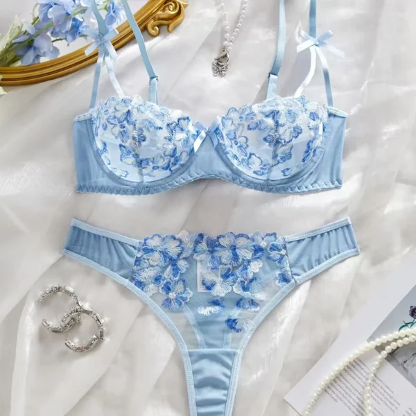 Blue and White Porcelain Style Embroidered Mesh Lingerie Set Sheer Underwire Bra Thong Two-Piece