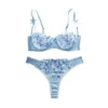 Blue and White Porcelain Style Embroidered Mesh Lingerie Set Sheer Underwire Bra Thong Two-Piece