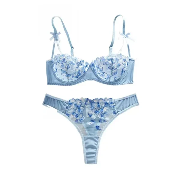 Blue and White Porcelain Style Embroidered Mesh Lingerie Set Sheer Underwire Bra Thong Two-Piece