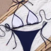 Navy Blue Beaded Trim Halter Tie Side Bikini Set - Women’s Triangle Two-Piece Swimwear