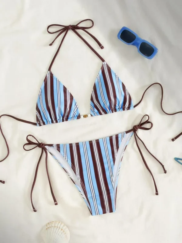 Blue Brown Stripe Halter Tie Side Bikini Set - Women’s Triangle Two-Piece Swimwear