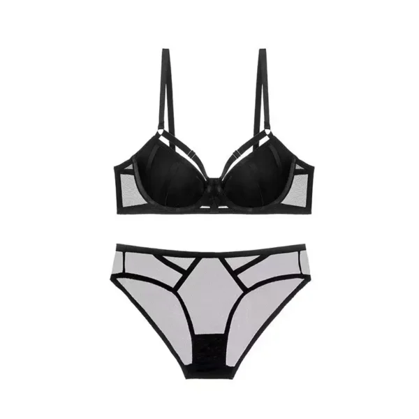 Black Mesh Panel Underwire Lingerie Set - Geometric Cutout Bra and Panty Set