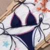 Navy Blue Beaded Trim Halter Tie Side Bikini Set - Women’s Triangle Two-Piece Swimwear