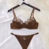 Chocolate Satin Lace Underwire Lingerie Set - Floral Lace Bra and Thong Set