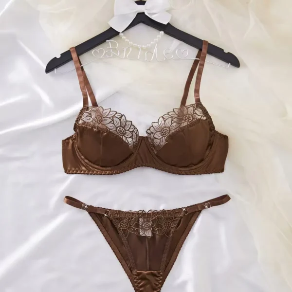 Chocolate Satin Lace Underwire Lingerie Set - Floral Lace Bra and Thong Set