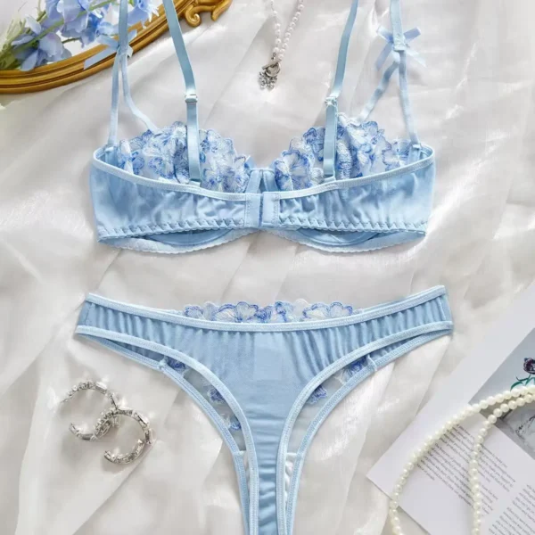 Blue and White Porcelain Style Embroidered Mesh Lingerie Set Sheer Underwire Bra Thong Two-Piece
