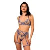 Royal Blue Floral Embroidery Lace Lingerie Set Strappy Garter Belt Three-Piece Sexy Lingerie