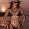 Bohemian Beaded Tassel Bikini - Black Rhinestone Embellished Two-Piece Swimwear for Beach & Vacation