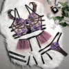 Purple Rhythm Lace Embroidery Sexy Lingerie Set Mesh Patchwork Garter Belt Three-Piece Lingerie