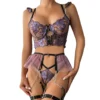 Purple Rhythm Lace Embroidery Sexy Lingerie Set Mesh Patchwork Garter Belt Three-Piece Lingerie