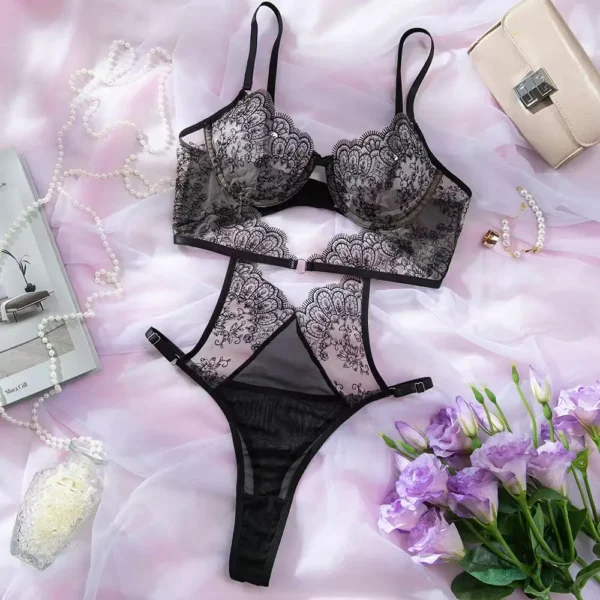 French Lace Hollow Out Sexy Bodysuit Sheer Embroidered Slim Lingerie