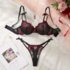 Pink Floral Embroidery Mesh Lingerie Set Underwire Bra Thong Two-Piece Romantic Lingerie