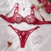 Pink Floral Embroidery Mesh Lingerie Set Underwire Bra Thong Two-Piece Romantic Lingerie