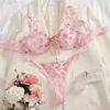 Pink Floral Embroidery Mesh Lingerie Set Underwire Bra Thong Two-Piece Romantic Lingerie