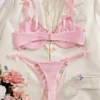 Pink Floral Embroidery Mesh Lingerie Set Underwire Bra Thong Two-Piece Romantic Lingerie