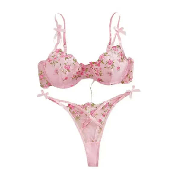 Pink Floral Embroidery Mesh Lingerie Set Underwire Bra Thong Two-Piece Romantic Lingerie