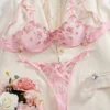 Pink Floral Embroidery Mesh Lingerie Set Underwire Bra Thong Two-Piece Romantic Lingerie