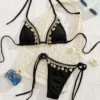 Bohemian Beaded Tassel Bikini - Black Rhinestone Embellished Two-Piece Swimwear for Beach & Vacation